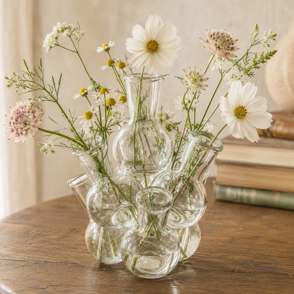 Vintage Clear Glass 7-Bud Cluster Vase Flower Frog Propagation Station